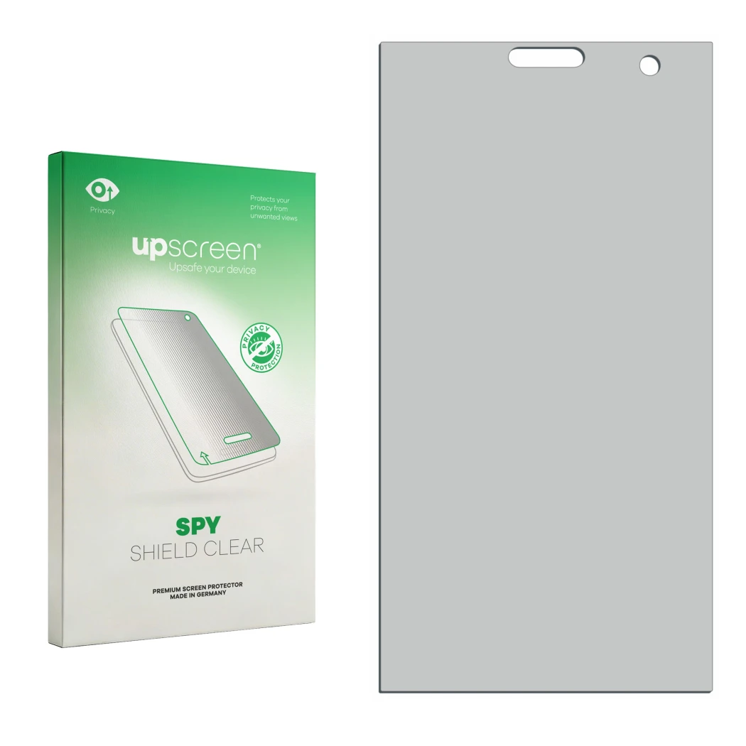 Vorderseite einer Produktverpackung mit dem Markenlogo upscreen. Daneben ist der zugehörige Displayschutz.