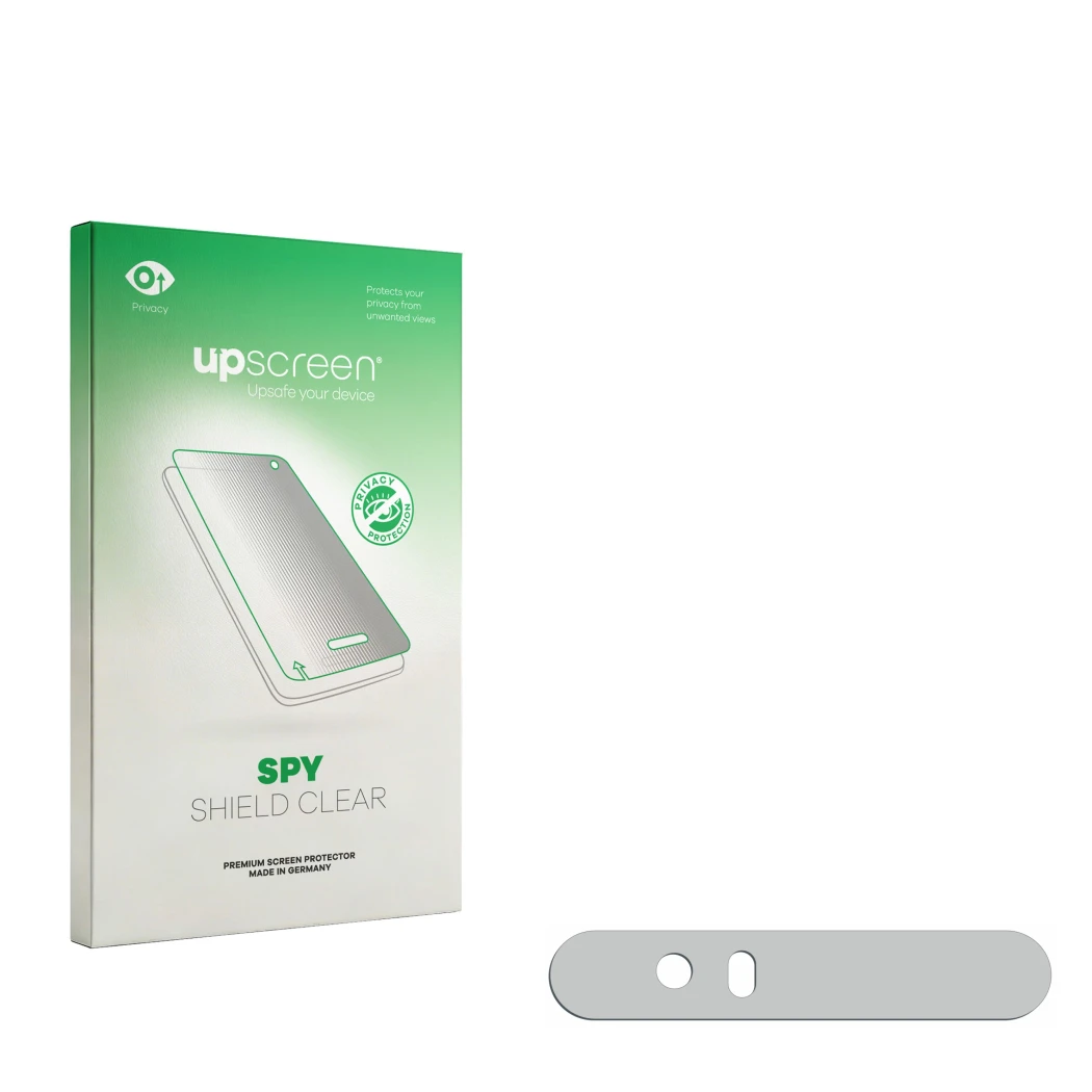 Vorderseite einer Produktverpackung mit dem Markenlogo upscreen. Daneben ist der zugehörige Displayschutz.