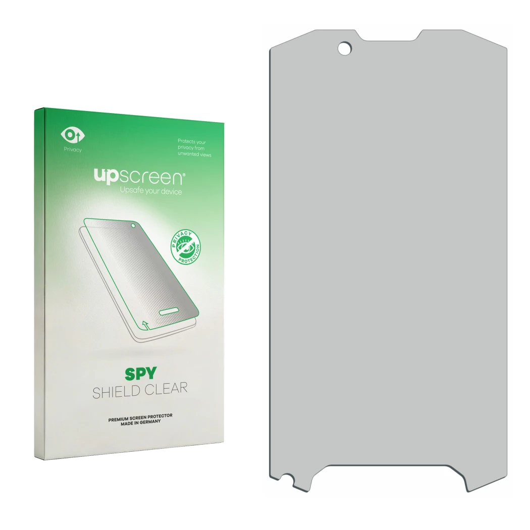 Vorderseite einer Produktverpackung mit dem Markenlogo upscreen. Daneben ist der zugehörige Displayschutz.