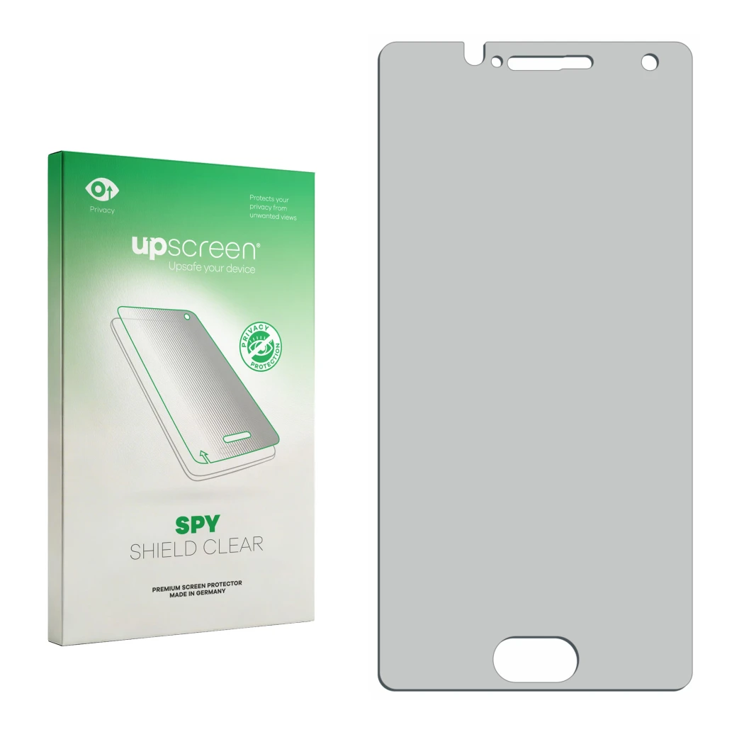 Vorderseite einer Produktverpackung mit dem Markenlogo upscreen. Daneben ist der zugehörige Displayschutz.