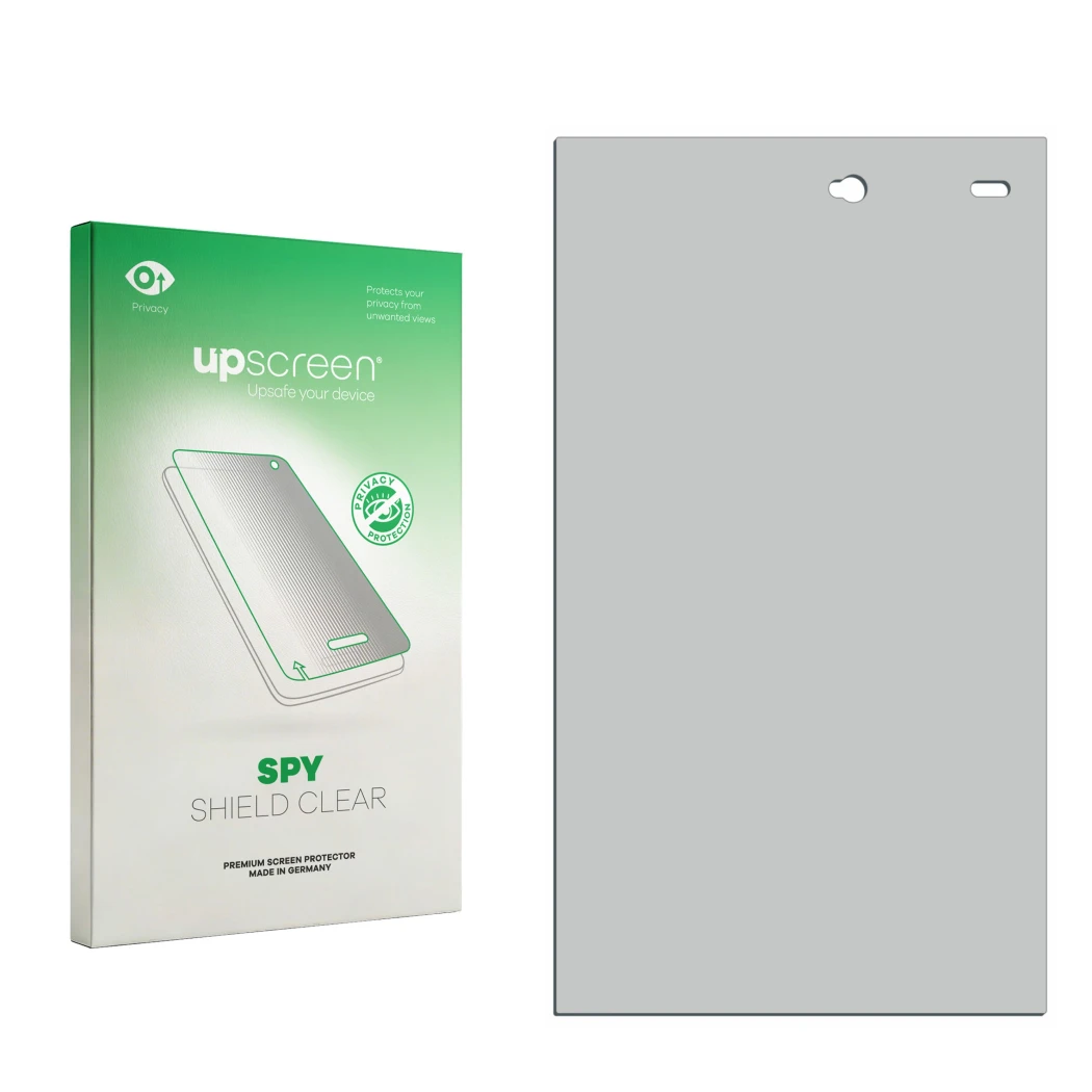 Vorderseite einer Produktverpackung mit dem Markenlogo upscreen. Daneben ist der zugehörige Displayschutz.