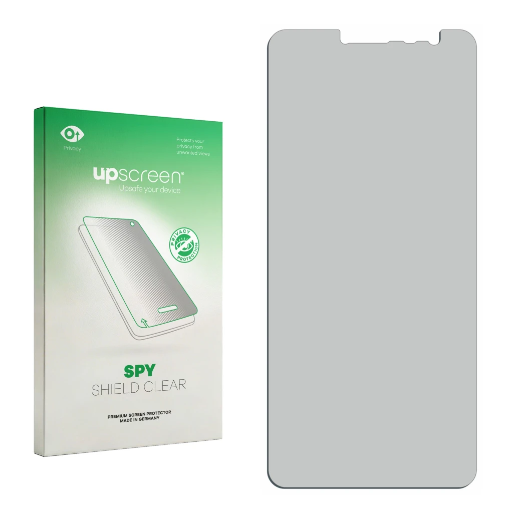 Vorderseite einer Produktverpackung mit dem Markenlogo upscreen. Daneben ist der zugehörige Displayschutz.