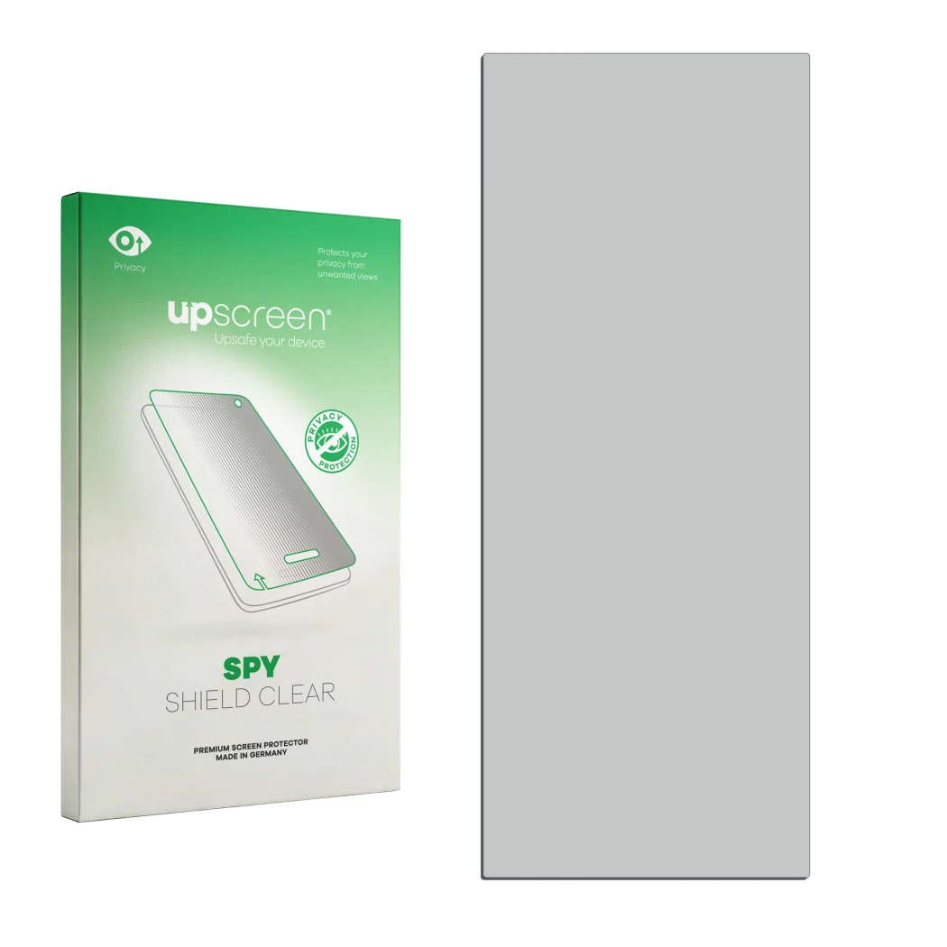 Vorderseite einer Produktverpackung mit dem Markenlogo upscreen. Daneben ist der zugehörige Displayschutz.
