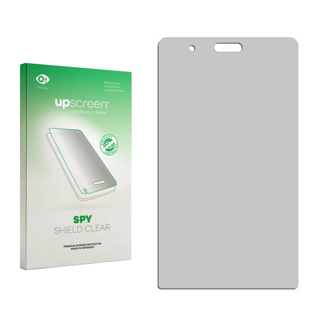 Vorderseite einer Produktverpackung mit dem Markenlogo upscreen. Daneben ist der zugehörige Displayschutz.