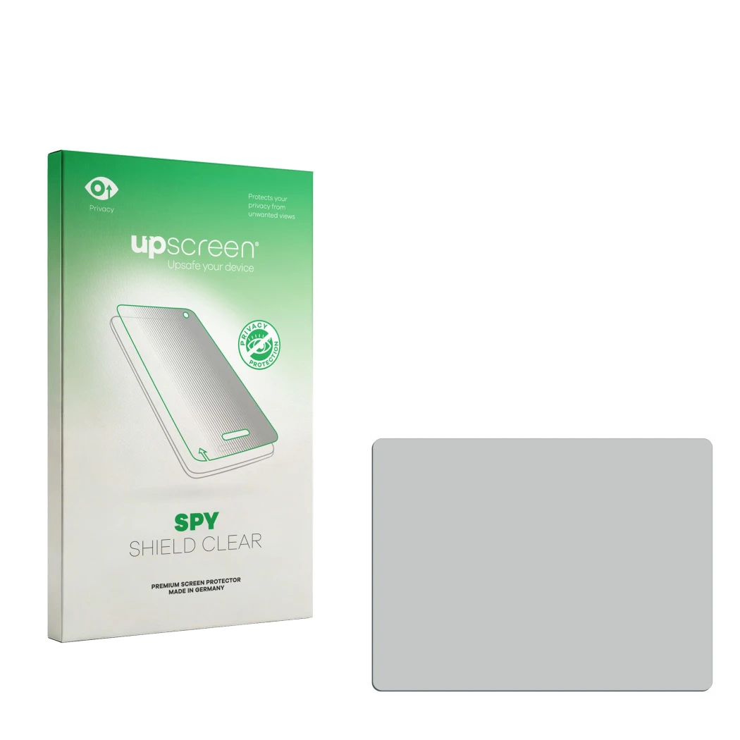 Vorderseite einer Produktverpackung mit dem Markenlogo upscreen. Daneben ist der zugehörige Displayschutz.