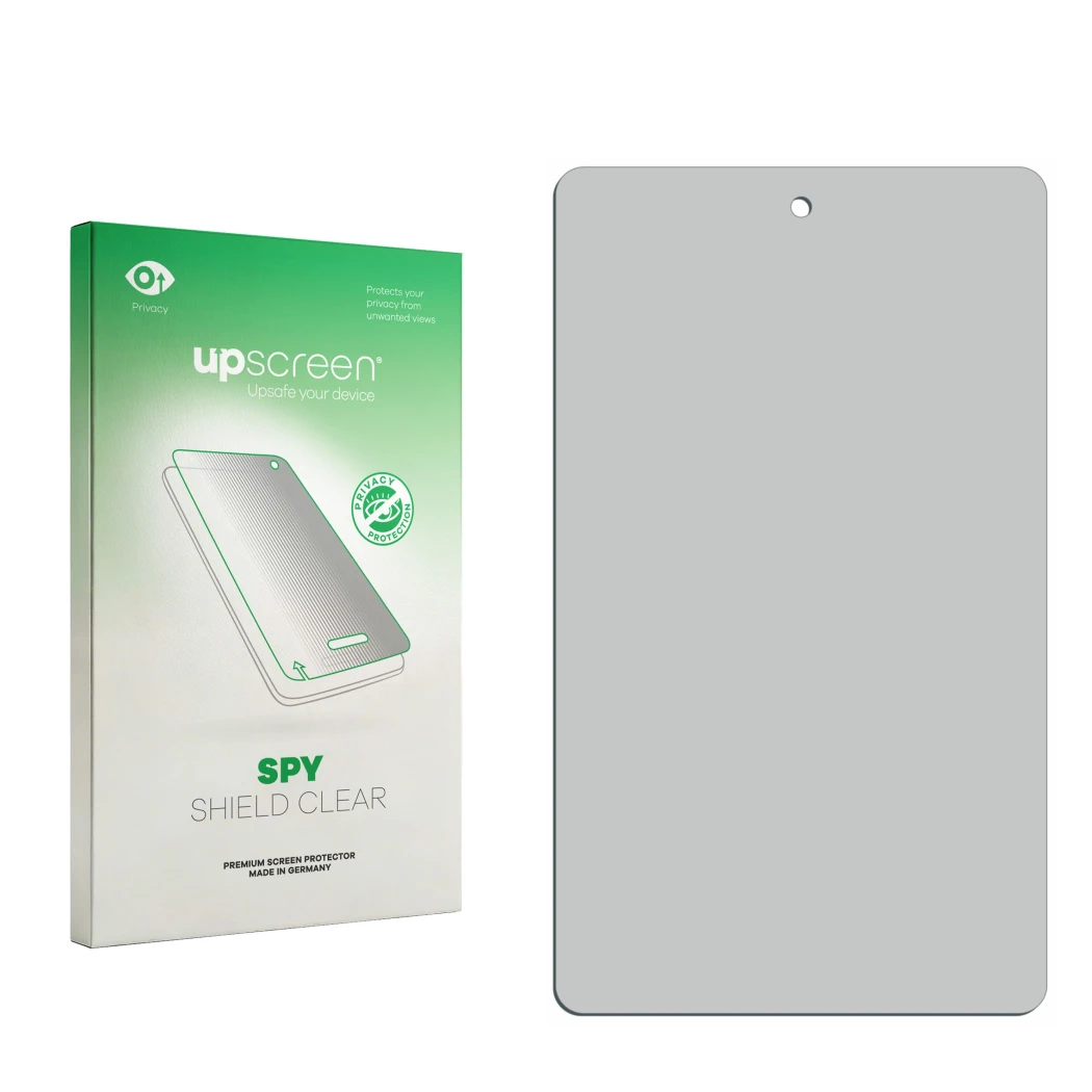 Vorderseite einer Produktverpackung mit dem Markenlogo upscreen. Daneben ist der zugehörige Displayschutz.