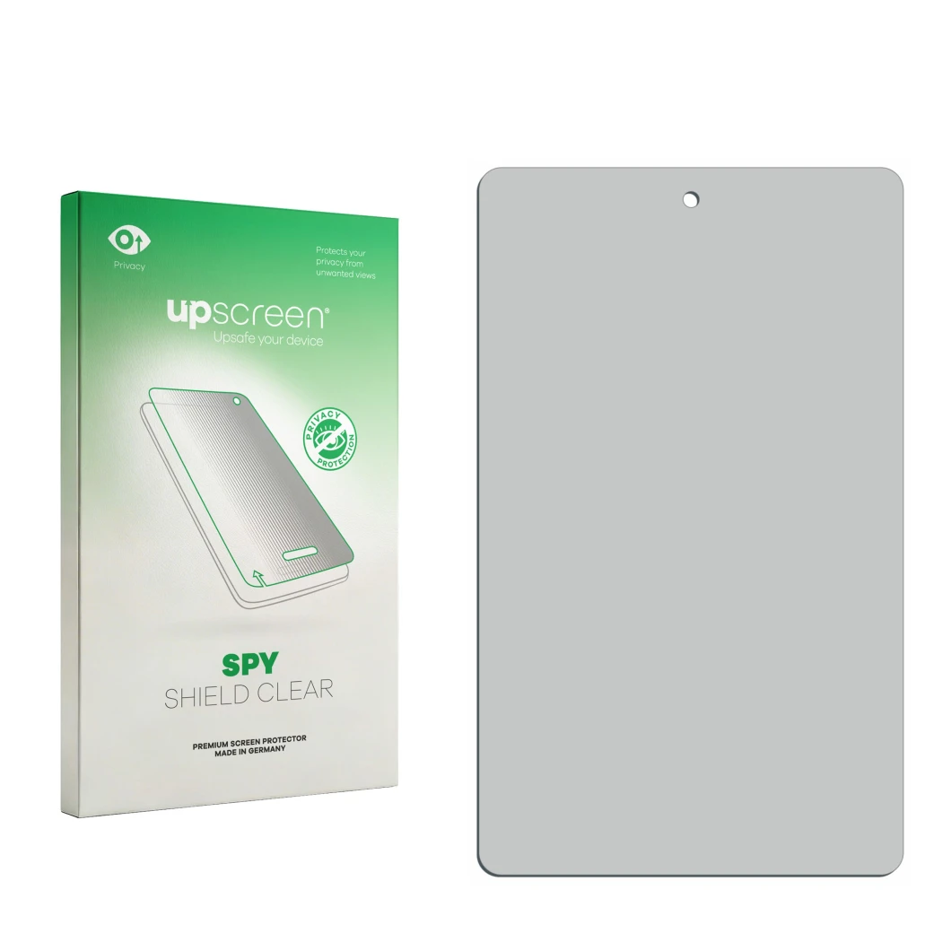 Vorderseite einer Produktverpackung mit dem Markenlogo upscreen. Daneben ist der zugehörige Displayschutz.