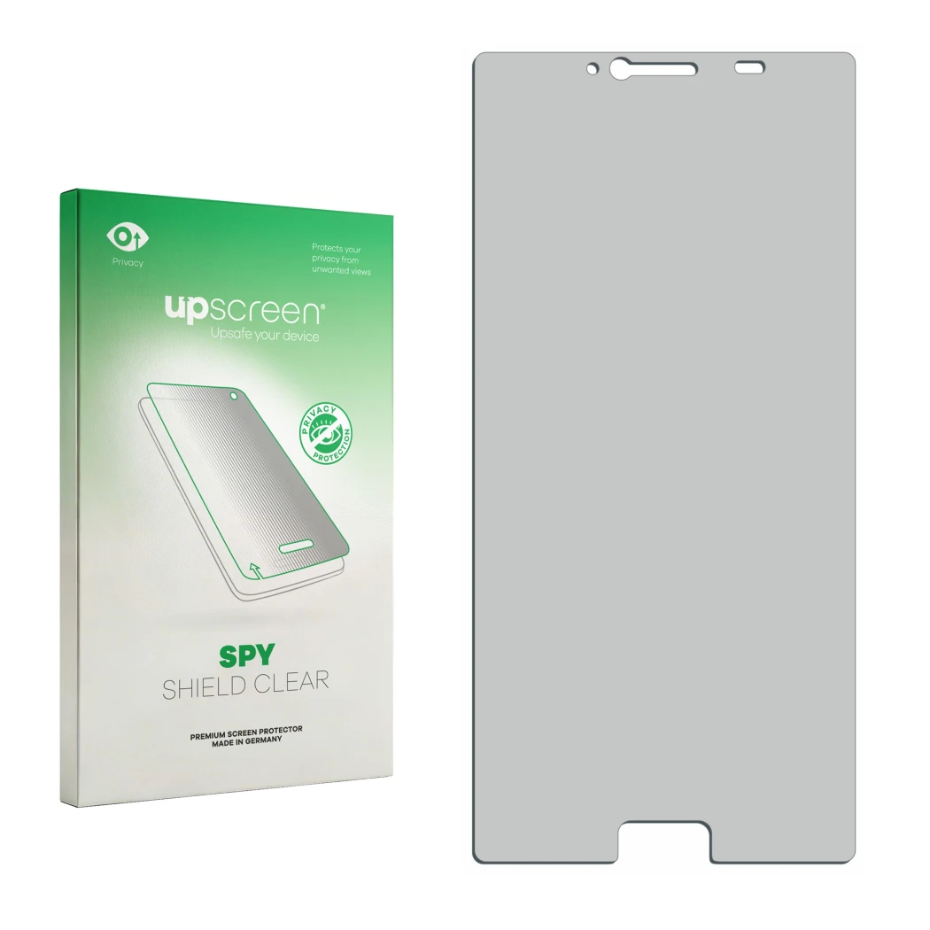 Vorderseite einer Produktverpackung mit dem Markenlogo upscreen. Daneben ist der zugehörige Displayschutz.