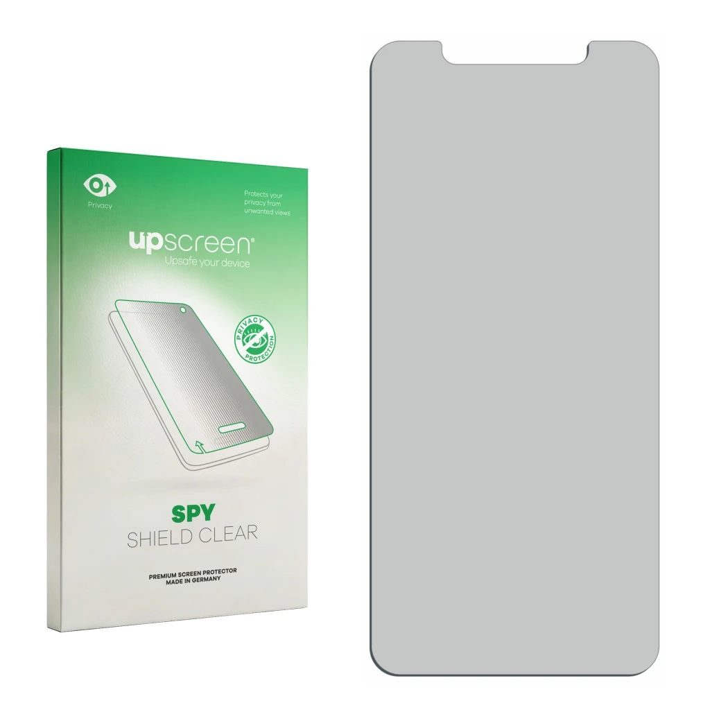 Vorderseite einer Produktverpackung mit dem Markenlogo upscreen. Daneben ist der zugehörige Displayschutz.