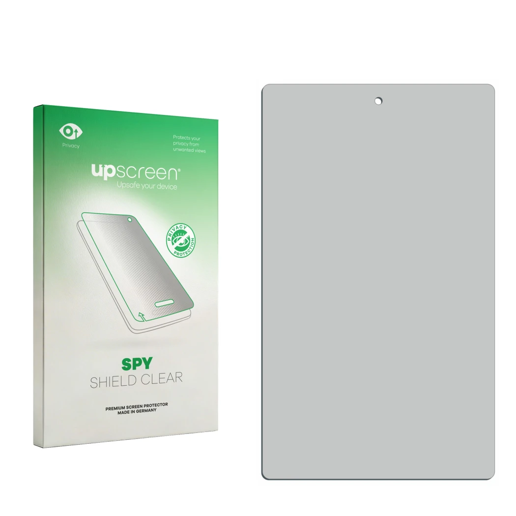 Vorderseite einer Produktverpackung mit dem Markenlogo upscreen. Daneben ist der zugehörige Displayschutz.