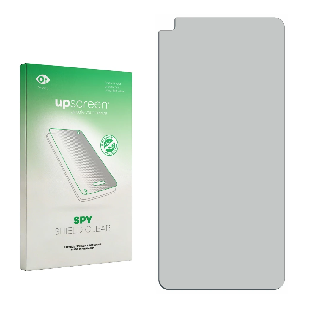 Vorderseite einer Produktverpackung mit dem Markenlogo upscreen. Daneben ist der zugehörige Displayschutz.