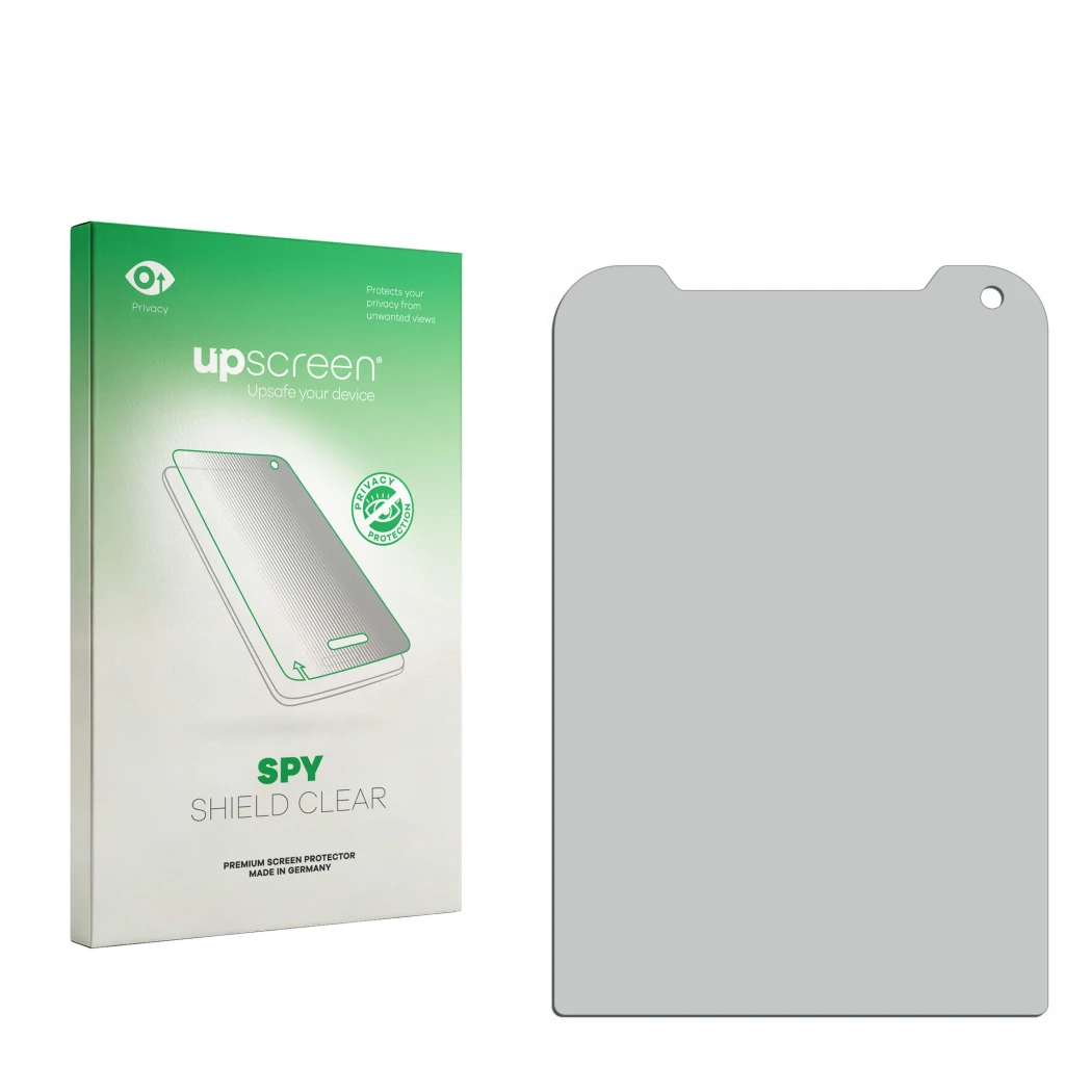 Vorderseite einer Produktverpackung mit dem Markenlogo upscreen. Daneben ist der zugehörige Displayschutz.