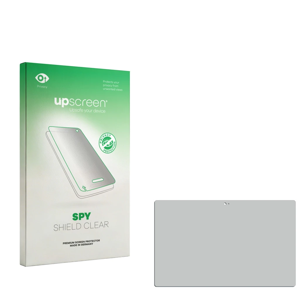 Vorderseite einer Produktverpackung mit dem Markenlogo upscreen. Daneben ist der zugehörige Displayschutz.