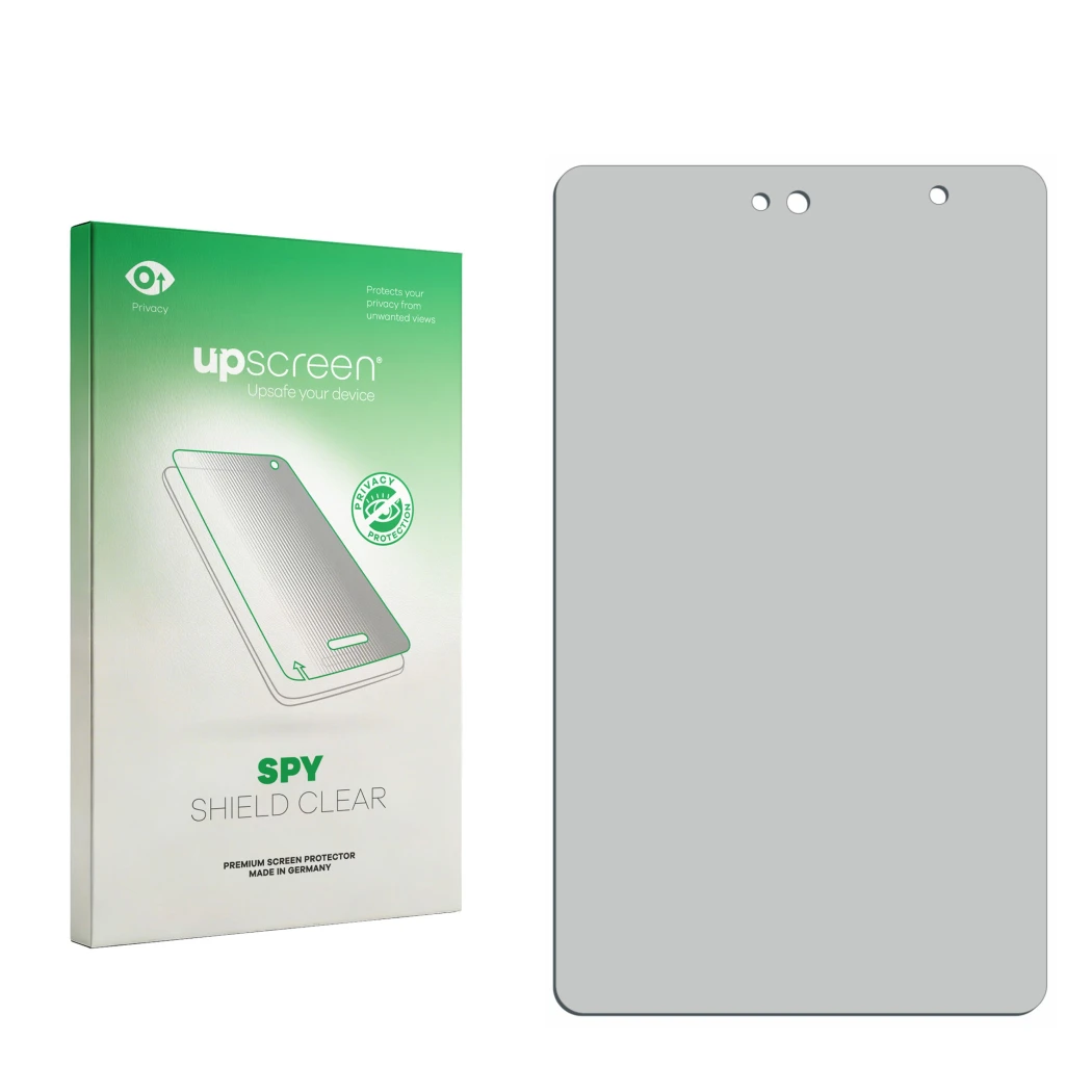 Vorderseite einer Produktverpackung mit dem Markenlogo upscreen. Daneben ist der zugehörige Displayschutz.