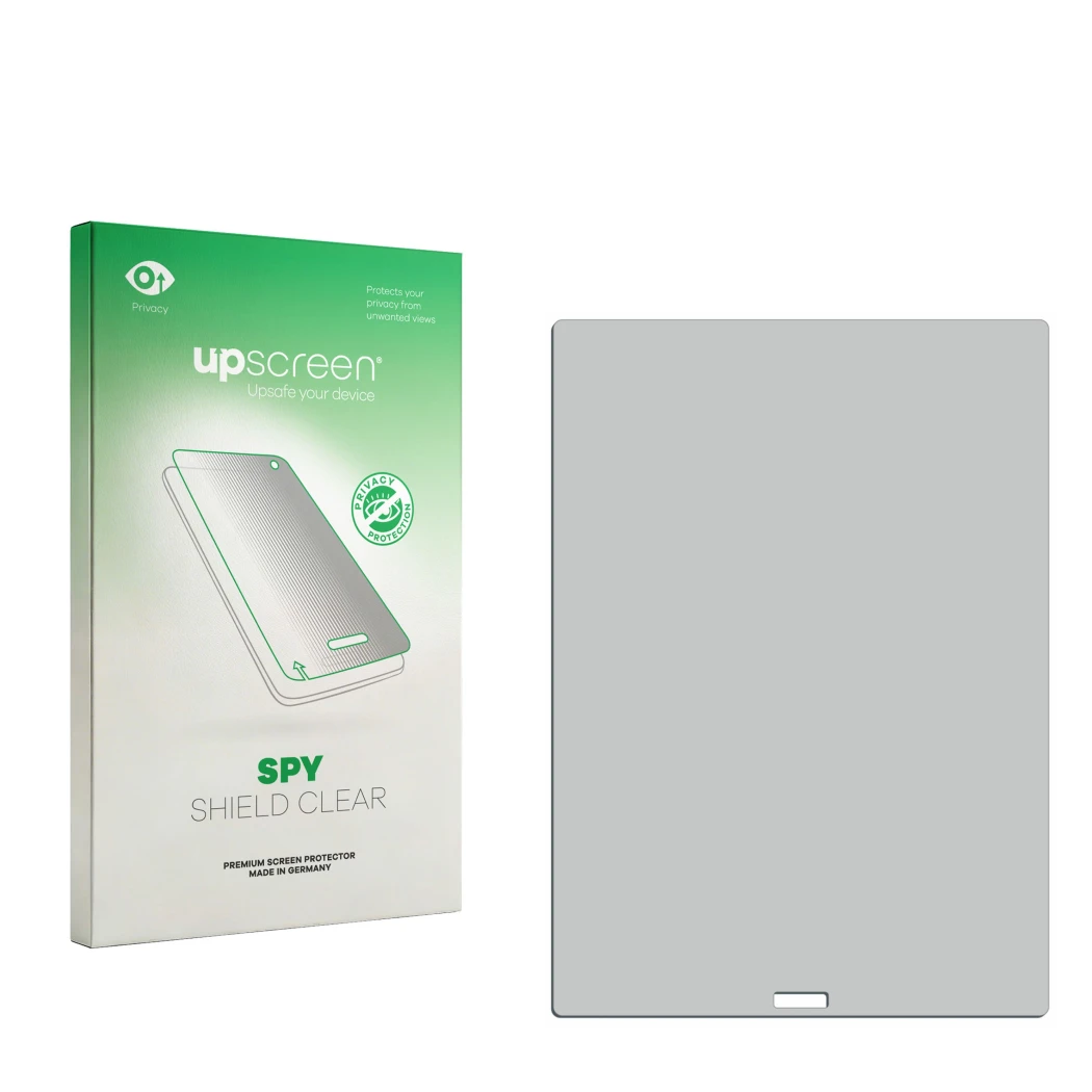 Vorderseite einer Produktverpackung mit dem Markenlogo upscreen. Daneben ist der zugehörige Displayschutz.