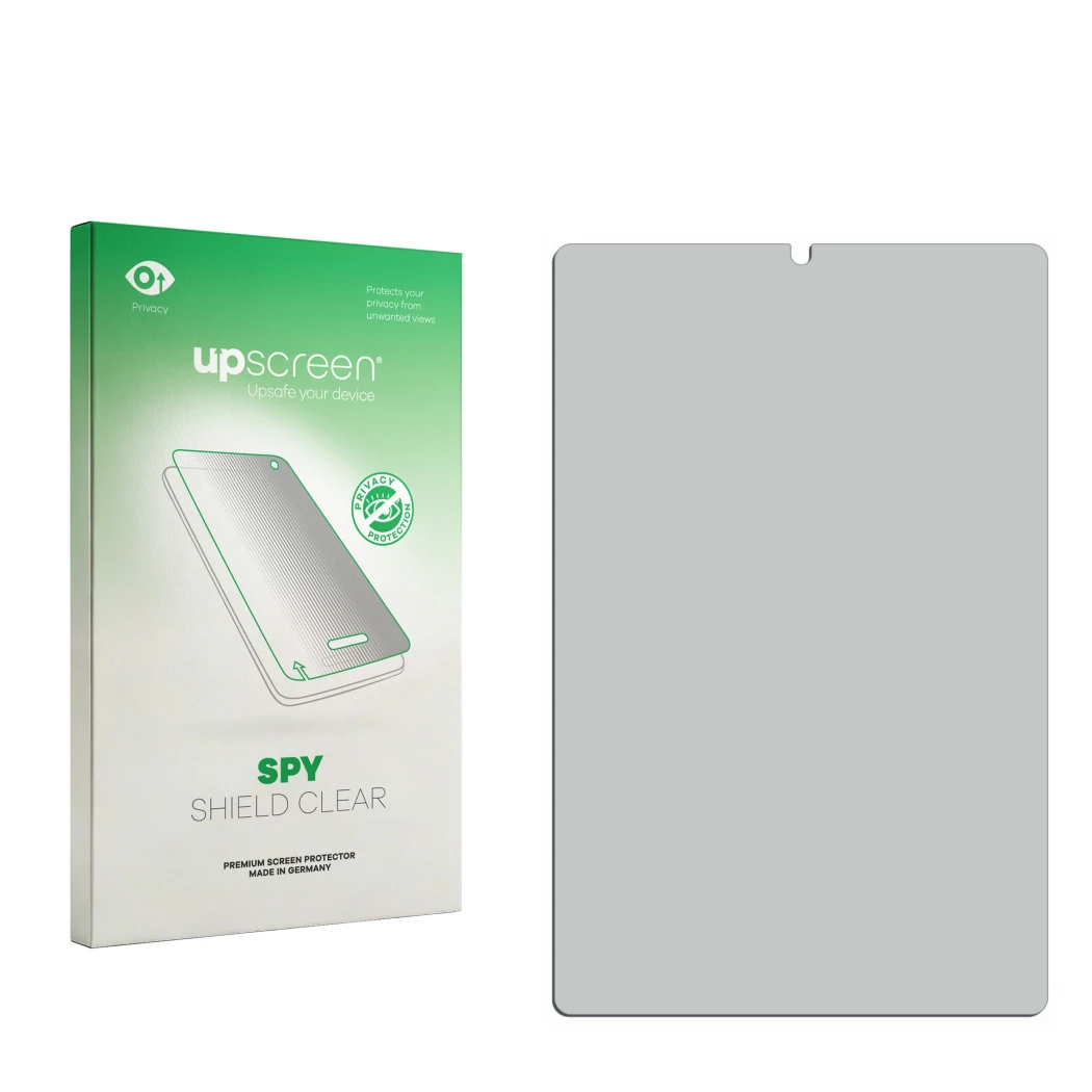 Vorderseite einer Produktverpackung mit dem Markenlogo upscreen. Daneben ist der zugehörige Displayschutz.