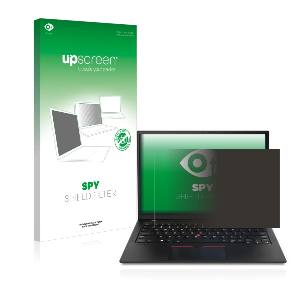 Vorderseite einer Produktverpackung mit dem Markenlogo upscreen. Daneben ist das Gerät Lenovo ThinkPad X1 mit dem zugehörigen