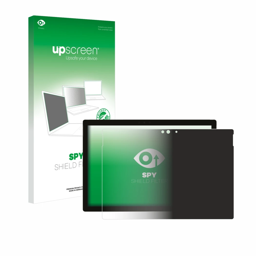 Vorderseite einer Produktverpackung mit dem Markenlogo upscreen. Daneben ist das Gerät Microsoft Surface Pro 5 2017 mit dem zu