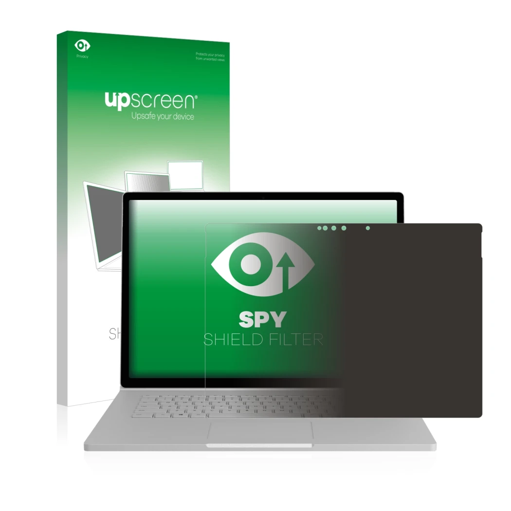 Vorderseite einer Produktverpackung mit dem Markenlogo upscreen. Daneben ist das Gerät Microsoft Surface Book 2 15