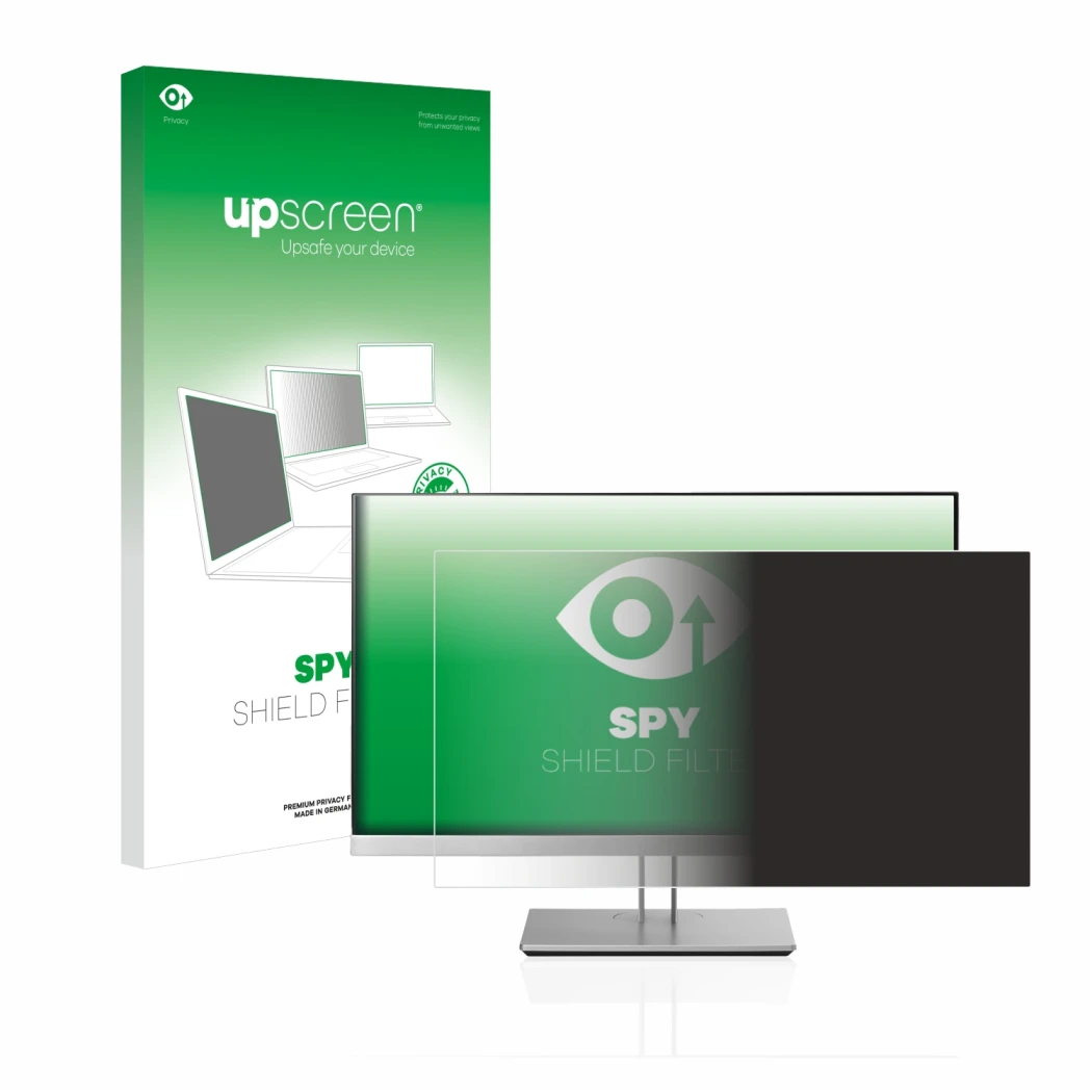 Vorderseite einer Produktverpackung mit dem Markenlogo upscreen. Daneben ist das Gerät HP EliteDisplay E233 mit dem zugehörige