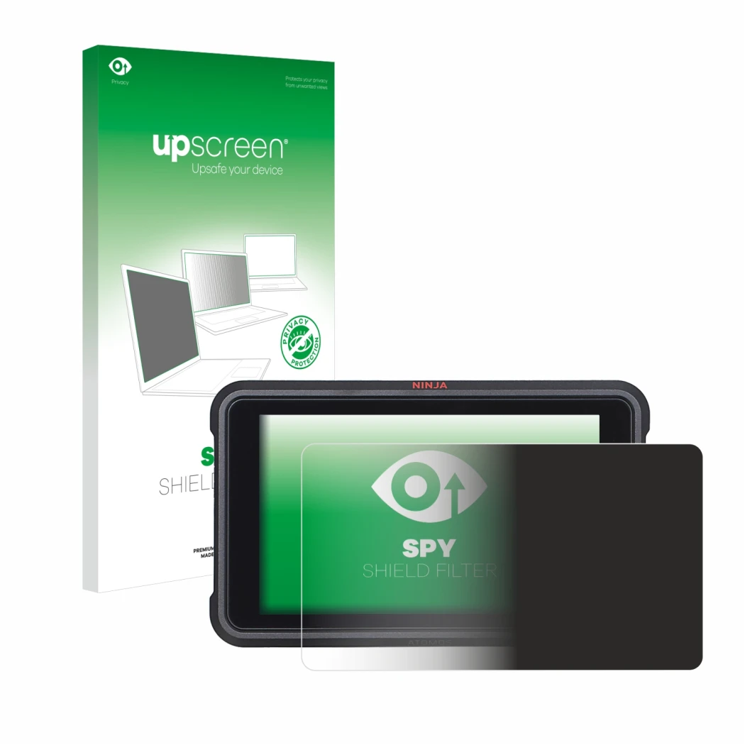 Vorderseite einer Produktverpackung mit dem Markenlogo upscreen. Daneben ist das Gerät Atomos Ninja V mit dem zugehörigen Disp