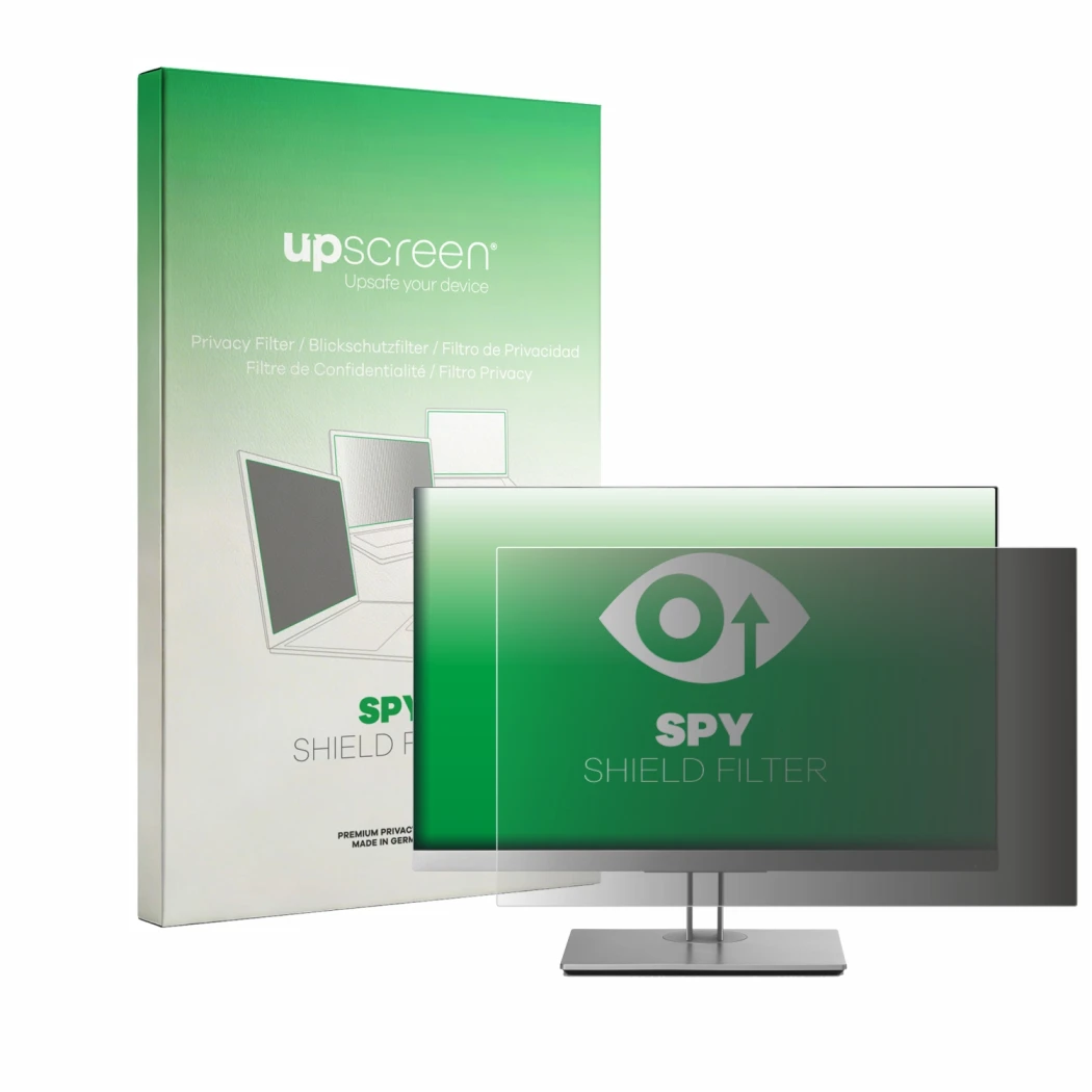 Vorderseite einer Produktverpackung mit dem Markenlogo upscreen. Daneben ist das Gerät HP EliteDisplay E243i mit dem zugehörig