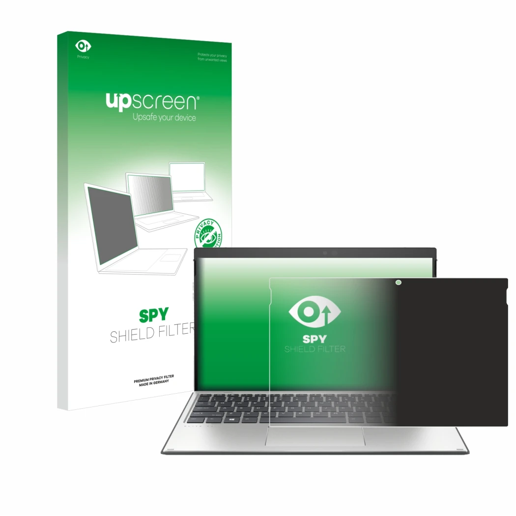 Vorderseite einer Produktverpackung mit dem Markenlogo upscreen. Daneben ist das Gerät HP Elite x2 G4 mit dem zugehörigen Disp