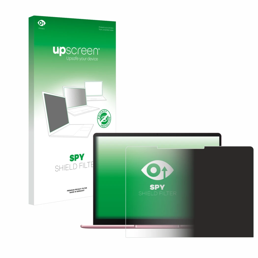 Vorderseite einer Produktverpackung mit dem Markenlogo upscreen. Daneben ist das Gerät Huawei MateBook 13 2020 mit dem zugehör