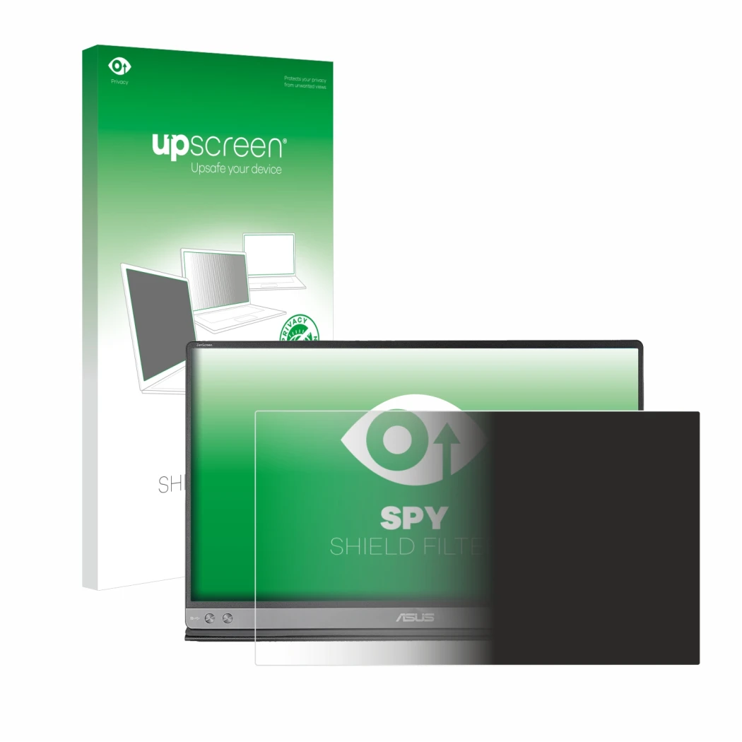 Vorderseite einer Produktverpackung mit dem Markenlogo upscreen. Daneben ist das Gerät ASUS ZenScreen MB16AC mit dem zugehörig