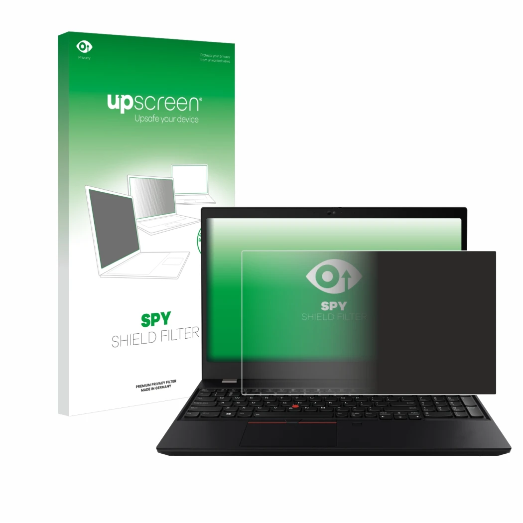 Vorderseite einer Produktverpackung mit dem Markenlogo upscreen. Daneben ist das Gerät Lenovo ThinkPad T15 mit dem zugehörigen