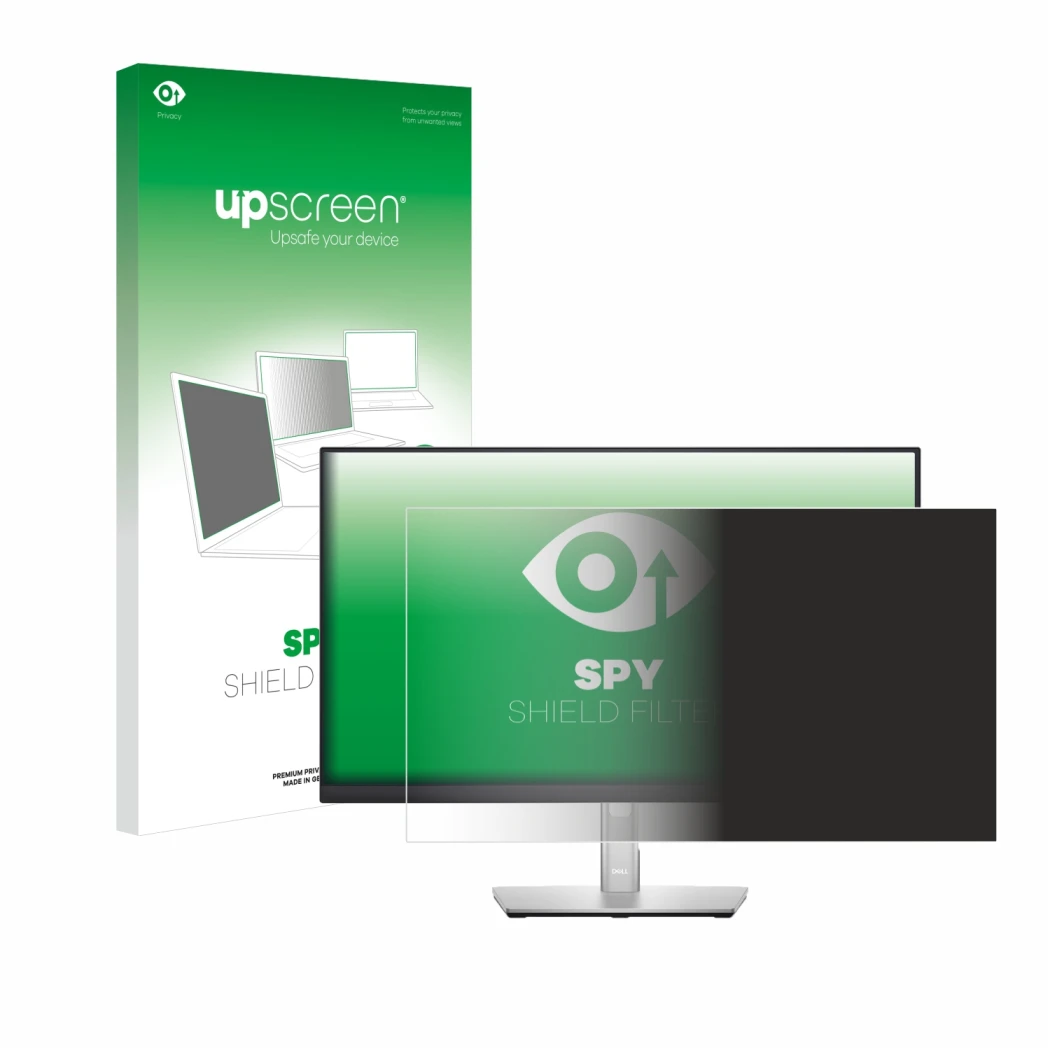 Vorderseite einer Produktverpackung mit dem Markenlogo upscreen. Daneben ist das Gerät Dell P2422H mit dem zugehörigen Display