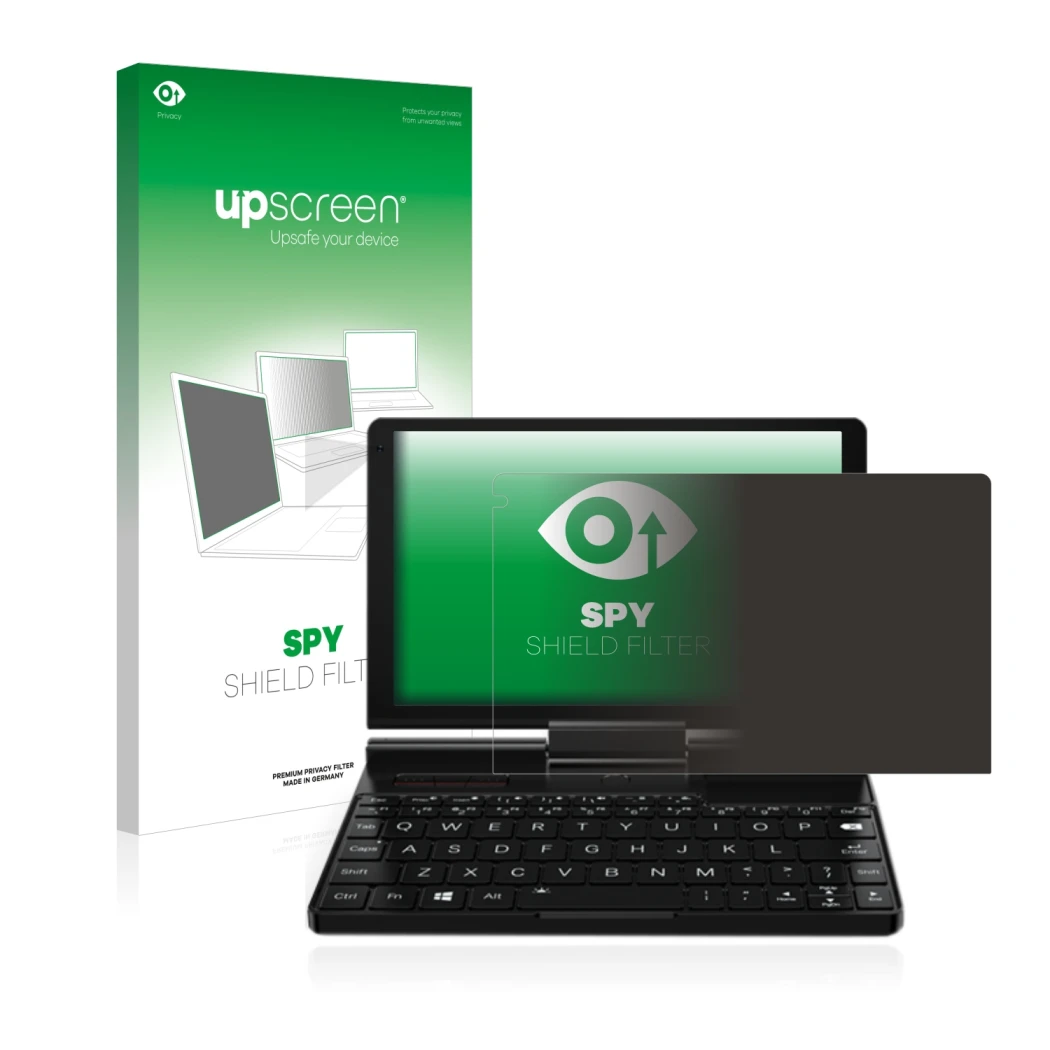 Vorderseite einer Produktverpackung mit dem Markenlogo upscreen. Daneben ist das Gerät GPD Pocket 3 mit dem zugehörigen Displa
