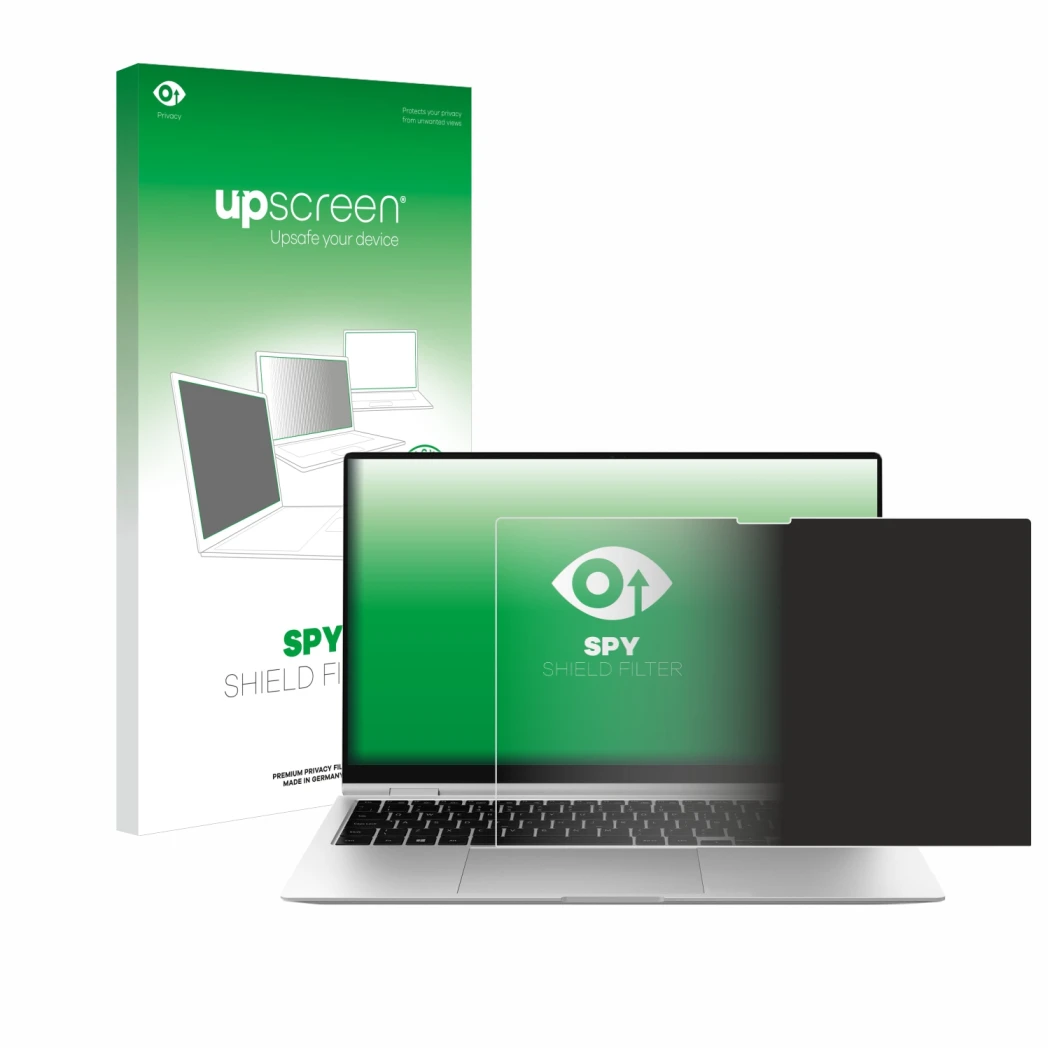 Vorderseite einer Produktverpackung mit dem Markenlogo upscreen. Daneben ist das Gerät Samsung Galaxy Book2 Pro 360 15.6