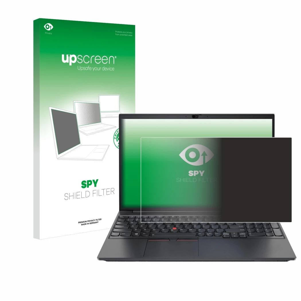 Vorderseite einer Produktverpackung mit dem Markenlogo upscreen. Daneben ist das Gerät Lenovo ThinkPad E15 Gen 2 mit dem zugeh