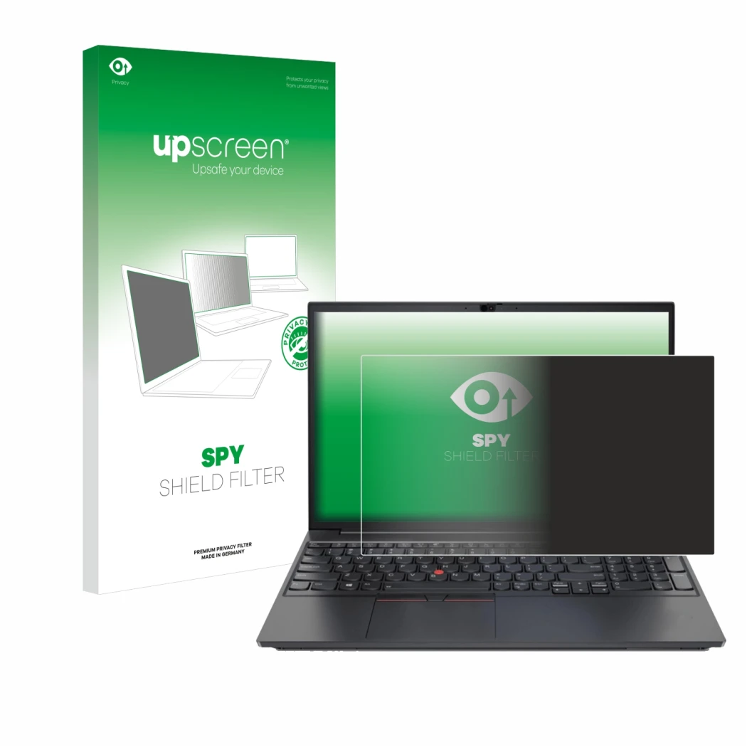 Vorderseite einer Produktverpackung mit dem Markenlogo upscreen. Daneben ist das Gerät Lenovo ThinkPad E15 Gen 3 mit dem zugeh