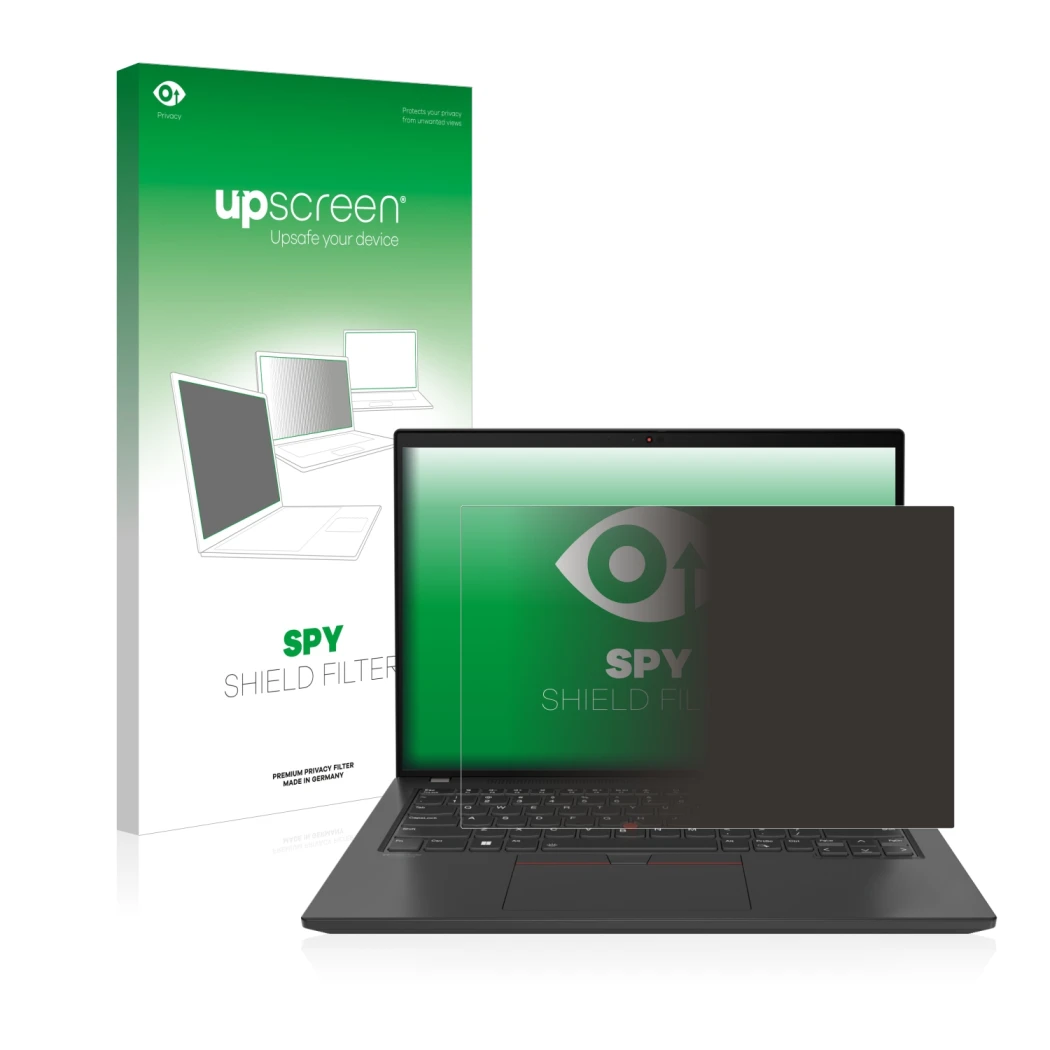 Vorderseite einer Produktverpackung mit dem Markenlogo upscreen. Daneben ist das Gerät Lenovo ThinkPad T14 Gen 3 mit dem zugeh