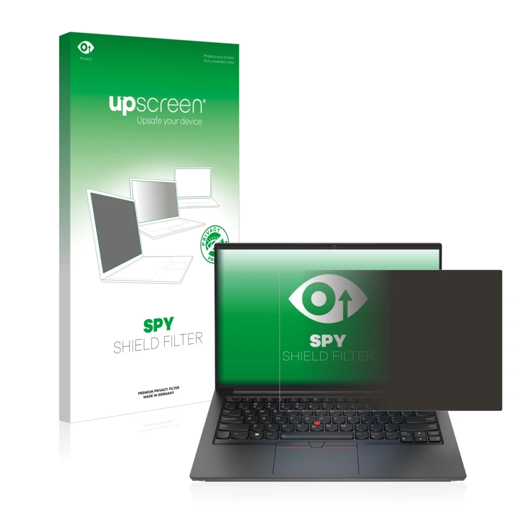 Vorderseite einer Produktverpackung mit dem Markenlogo upscreen. Daneben ist das Gerät Lenovo ThinkPad E14 Gen 4 mit dem zugeh