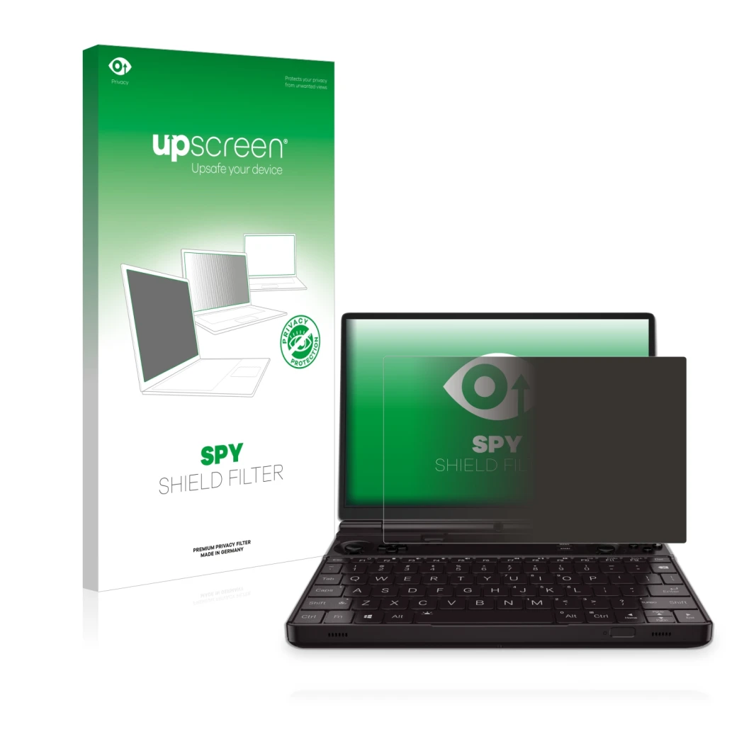 Vorderseite einer Produktverpackung mit dem Markenlogo upscreen. Daneben ist das Gerät GPD Win Max 2 mit dem zugehörigen Displ