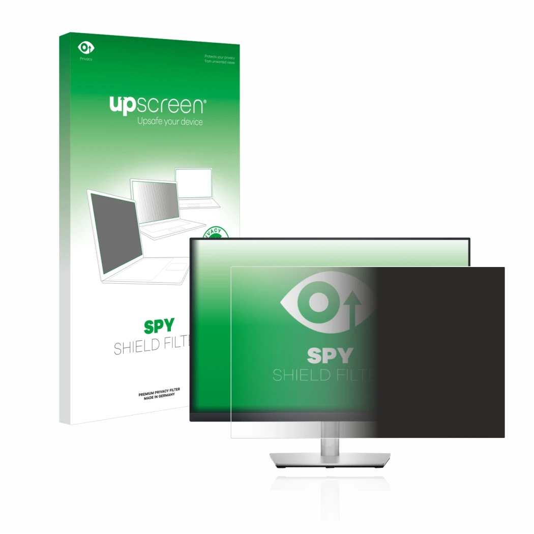 Vorderseite einer Produktverpackung mit dem Markenlogo upscreen. Daneben ist das Gerät Dell Professional P2423 mit dem zugehör