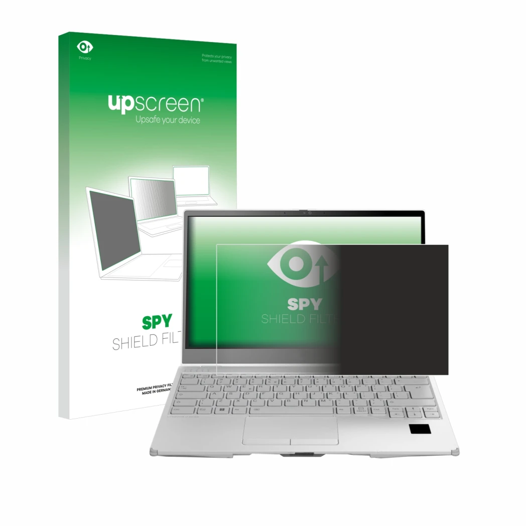 Vorderseite einer Produktverpackung mit dem Markenlogo upscreen. Daneben ist das Gerät Fujitsu Lifebook U9313X mit dem zugehör