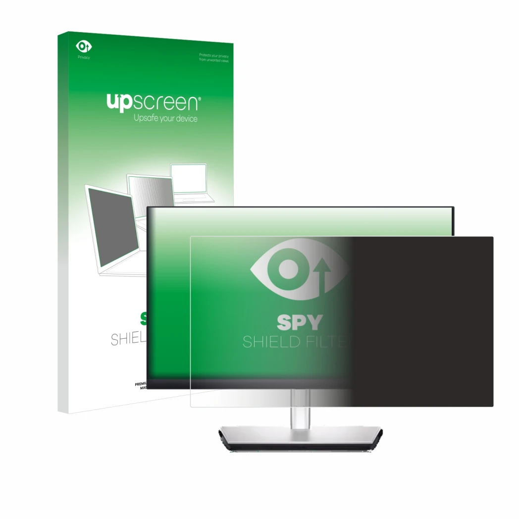 Vorderseite einer Produktverpackung mit dem Markenlogo upscreen. Daneben ist das Gerät Dell P2424HT mit dem zugehörigen Displa