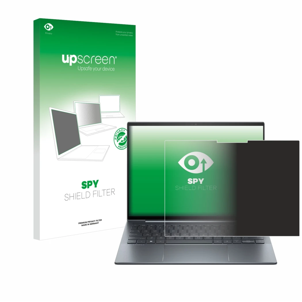 Vorderseite einer Produktverpackung mit dem Markenlogo upscreen. Daneben ist das Gerät HP Dragonfly G4 Non-Touch mit dem zugeh