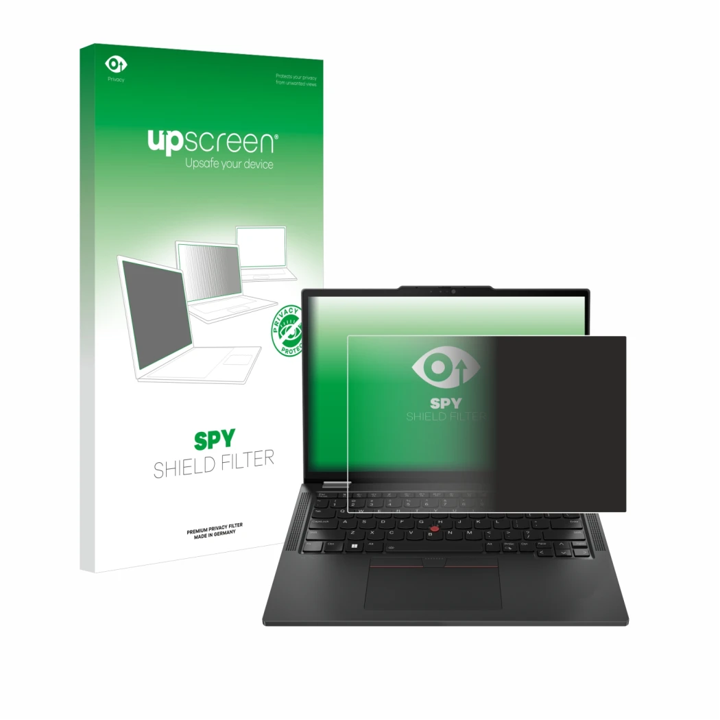 Vorderseite einer Produktverpackung mit dem Markenlogo upscreen. Daneben ist das Gerät Lenovo ThinkPad X13 Gen 5 mit dem zugeh