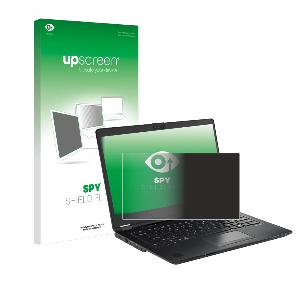 Vorderseite einer Produktverpackung mit dem Markenlogo upscreen. Daneben ist das Gerät Fujitsu Lifebook U7410 mit dem zugehöri