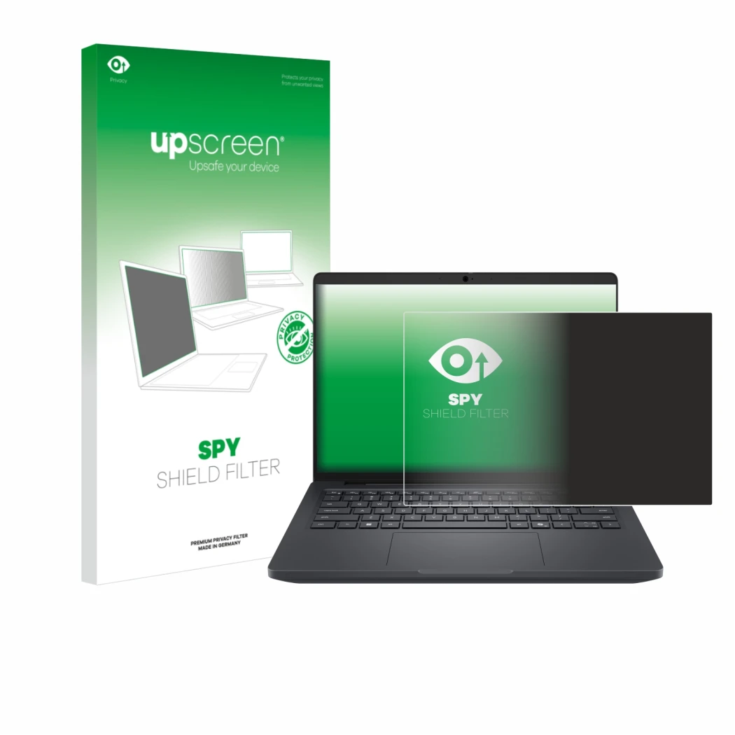 Vorderseite einer Produktverpackung mit dem Markenlogo upscreen. Daneben ist das Gerät Dell Pro Max 14 mit dem zugehörigen Dis