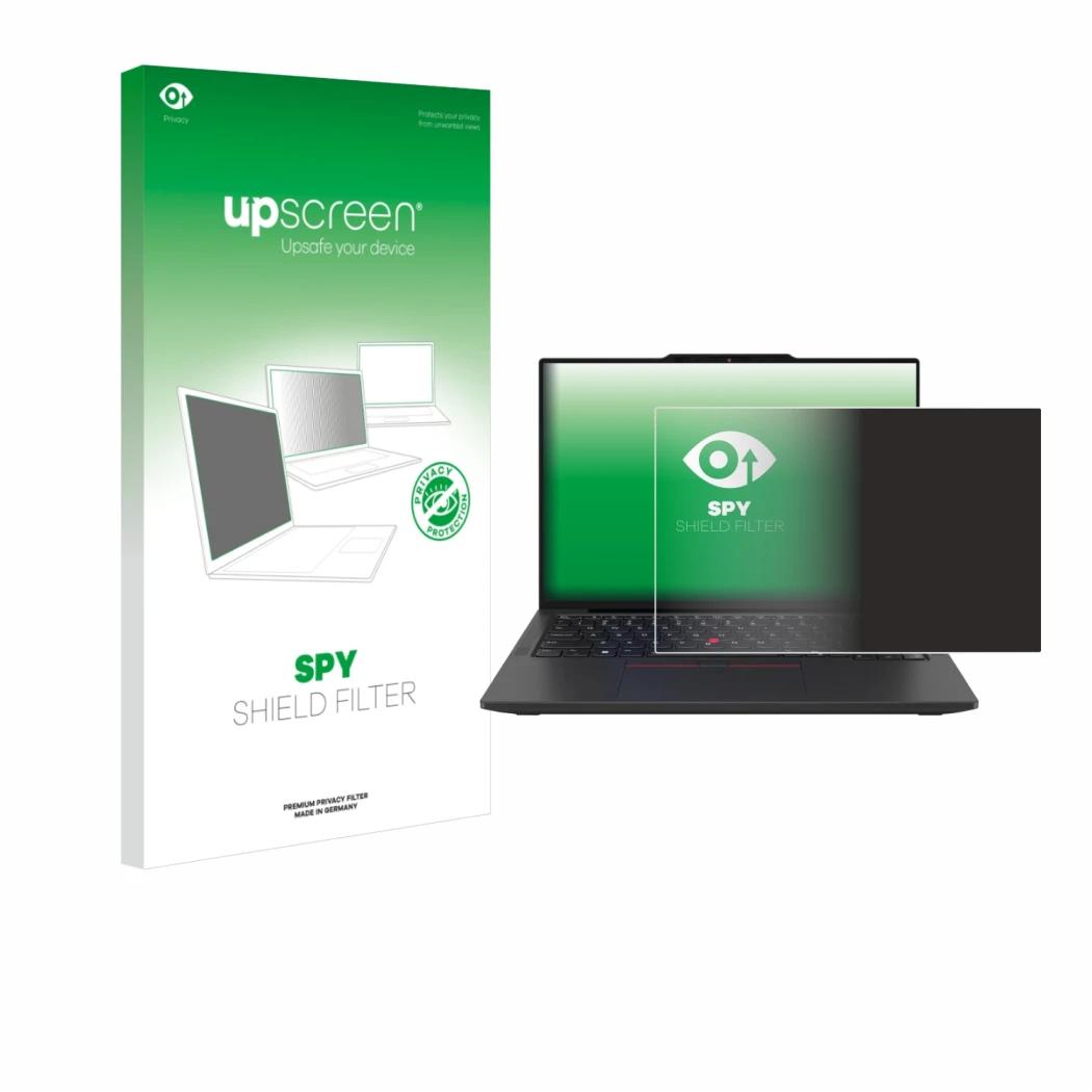 Vorderseite einer Produktverpackung mit dem Markenlogo upscreen. Daneben ist das Gerät Lenovo ThinkPad X13 Gen 6 mit dem zugeh