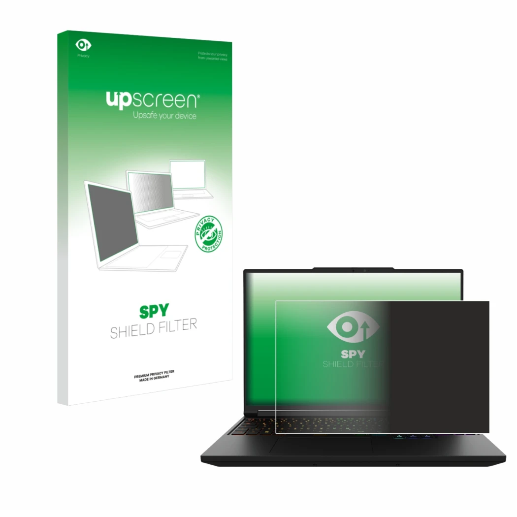 Vorderseite einer Produktverpackung mit dem Markenlogo upscreen. Daneben ist das Gerät XMG Pro 16 mit dem zugehörigen Displays