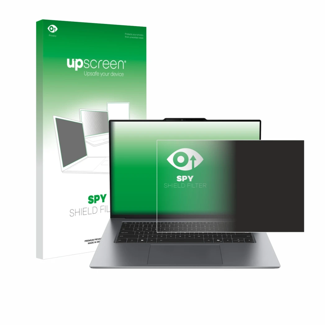 Vorderseite einer Produktverpackung mit dem Markenlogo upscreen. Daneben ist das Gerät Lenovo ThinkPad X9 14 G1 mit dem zugehö