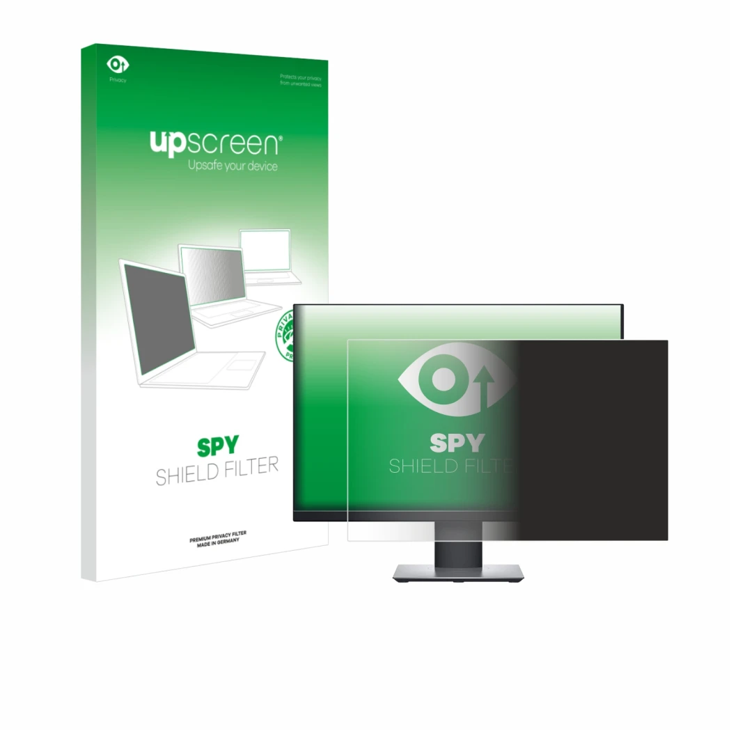 Vorderseite einer Produktverpackung mit dem Markenlogo upscreen. Daneben ist das Gerät Dell Professional P2421 mit dem zugehör