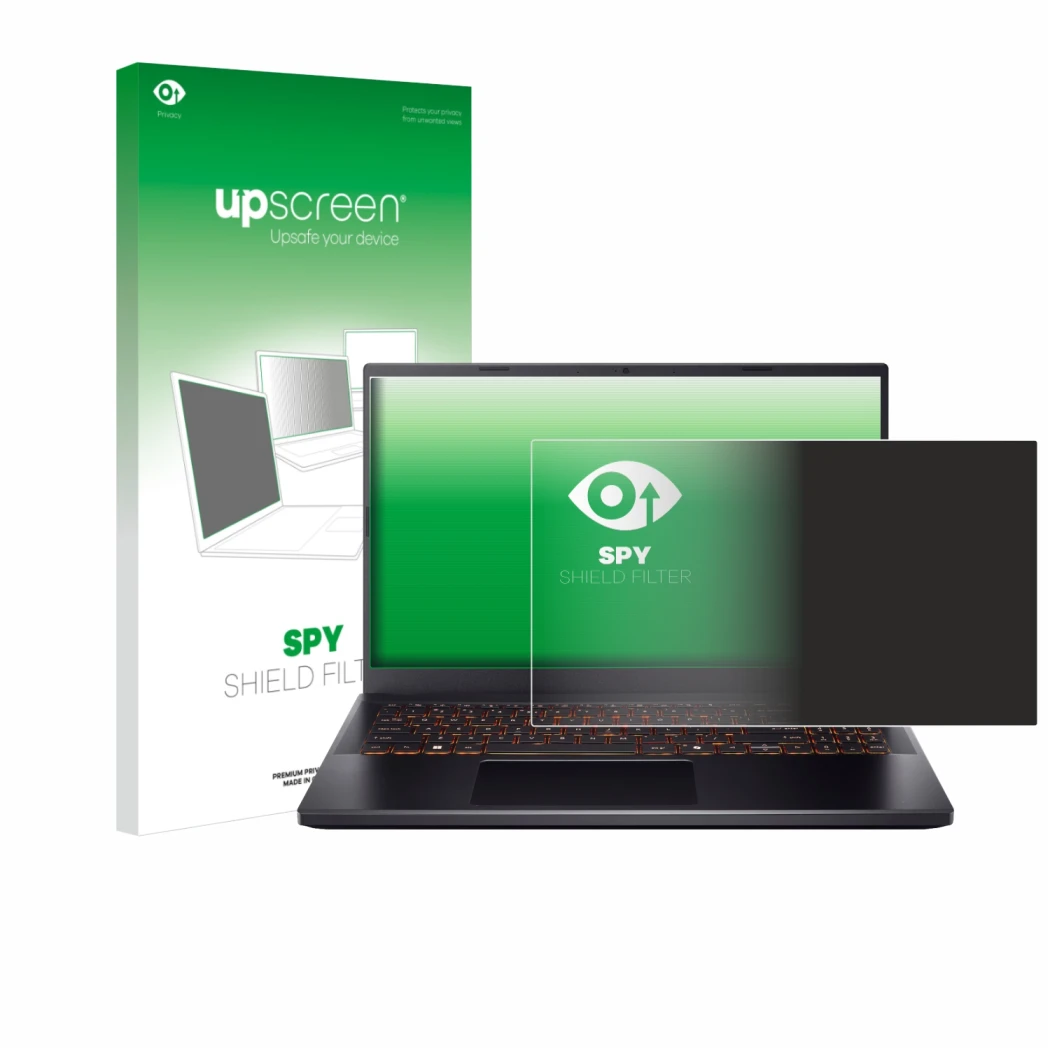 Vorderseite einer Produktverpackung mit dem Markenlogo upscreen. Daneben ist das Gerät Acer Nitro V 15 mit dem zugehörigen Dis